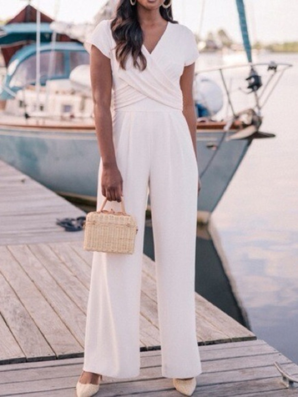 Gal Meets Glam Cream V-Neck Wide-Leg Jumpsuit
